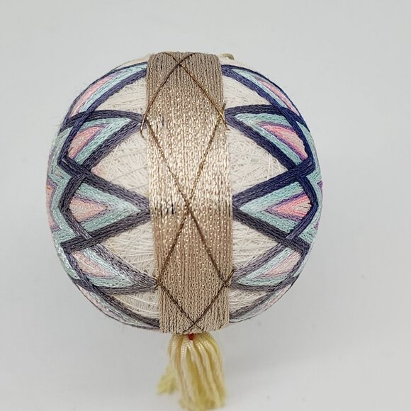 Handmade Japanese Temari Embroidered Ball With Geometric Patterns Pink Purple - Picture 2 of 6